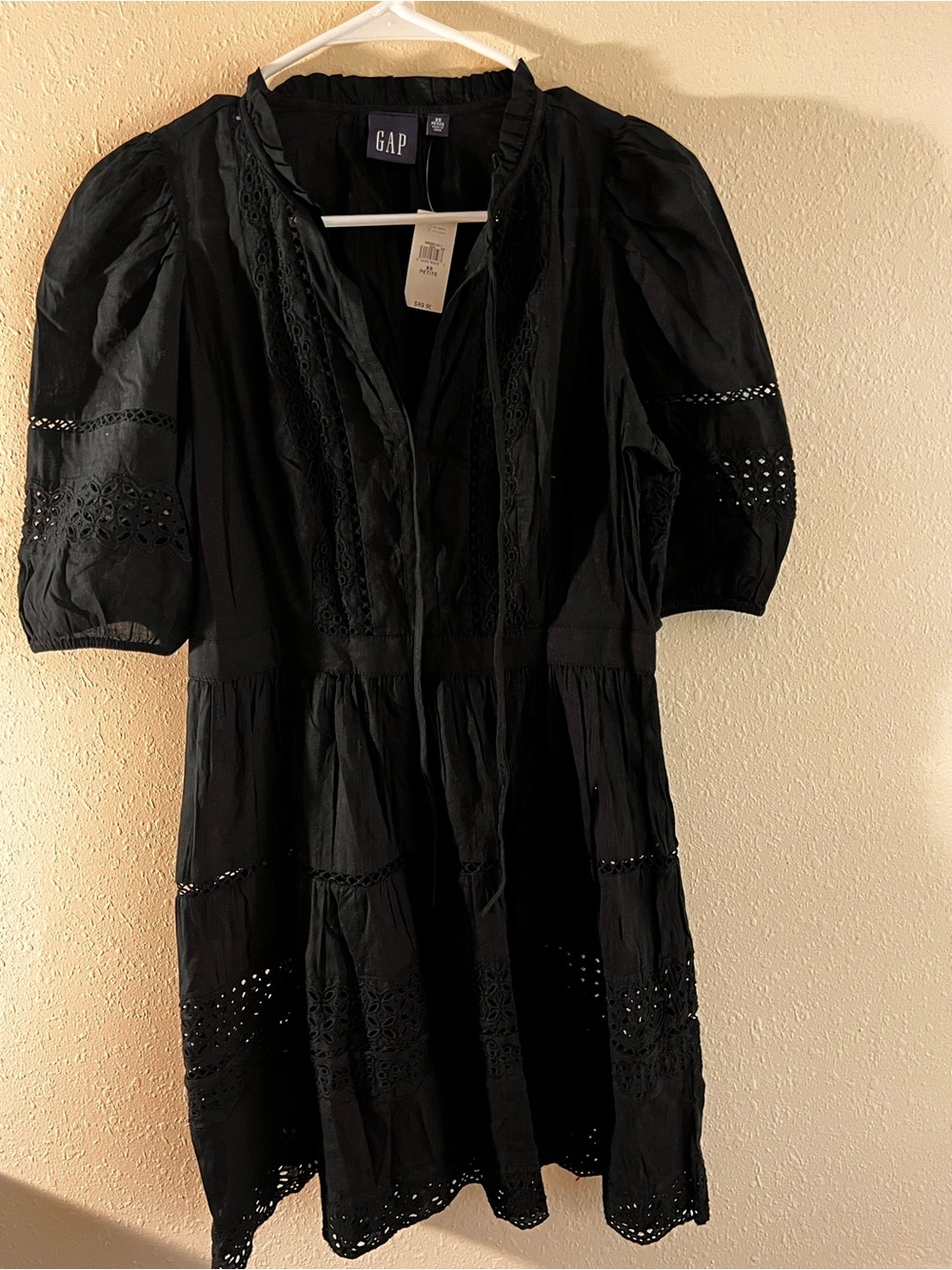 GAP Black Eyelet Tiered Dress with Puff Sleeves
